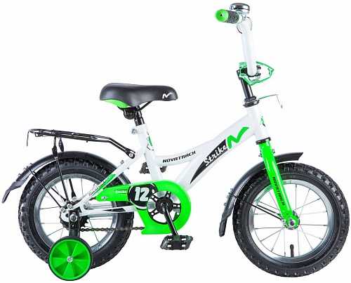 Велосипед NOVATRACK 12" STRIKE, белый-зелёный, тормоз нож., цветн.крылья, багажник чёрн.