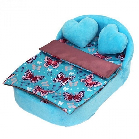 Набор мягкой мебели для кукол кровать, 2 подушки, одеяло "Райские бабочки" с голубыми вставками, 34*