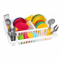 Игровой Набор посуды кухонный №5 (Материал пластик; комплект	сушка, кастрюли, сковородки, 4 вилки, 4